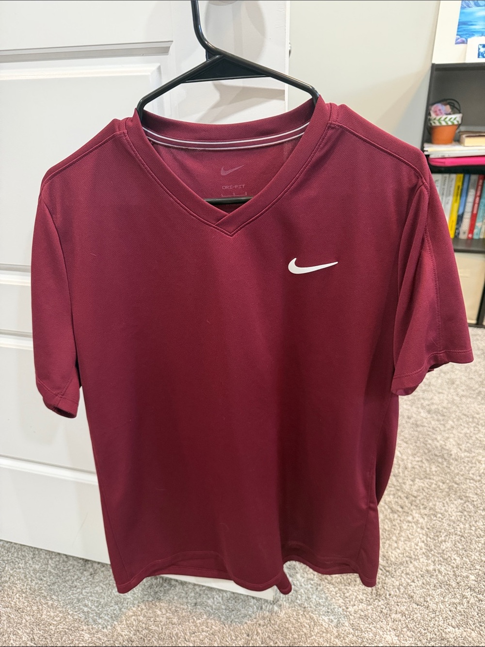 Nike Court tennis men Short Sleeve Dri-FIT V-Neck Shirt Maroon with White Swoosh